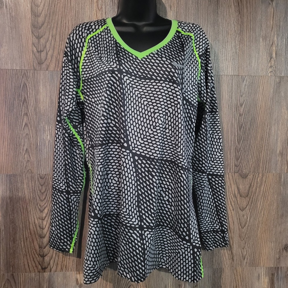 Nike Pro Long Sleeve V-Neck Activewear Top Size XL Fitted Gray/Black Geometric